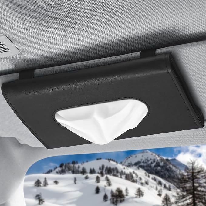 Car Tissue Holder Visor, 9.1×4.7x1.5, PU Leather, Napkin Storage | Car Visor Tissue Holder; Ergonomic Take-Out Port, Universal Fit, Refillable; Metal Clip Mount, Quick Install by ALPENKOK
