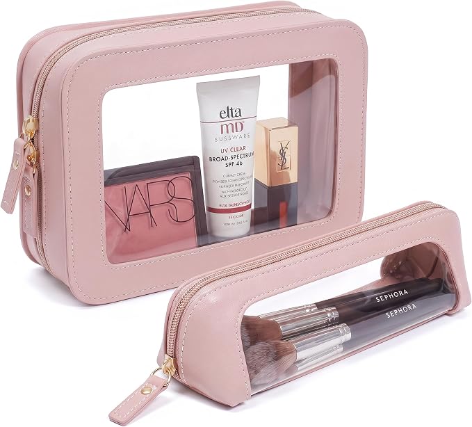 Makeup Bag Set Cosmetic Pouch for Women Waterproof PU Leather,Travel Toiletry Bag Cute Makeup Organizer Purse Pouch Preppy Pencil Case with Zipper (2Pack-Standard&Slim, Light Pink) by LETGO