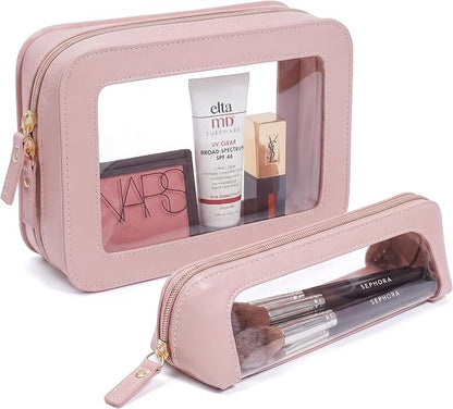 Makeup Bag Set Cosmetic Pouch for Women Waterproof PU Leather,Travel Toiletry Bag Cute Makeup Organizer Purse Pouch Preppy Pencil Case with Zipper (2Pack-Standard&Slim, Light Pink) by LETGO