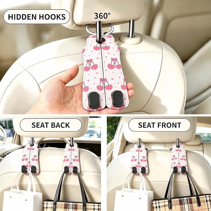 Car Seat Back Headrest Hooks - 2 Pack, Pink Cherry Bow Pattern Purse Hook for Car, Metal Leather Multifunctional Auto Hanger Organizer for Bags Water Bottles Phones - Image 4