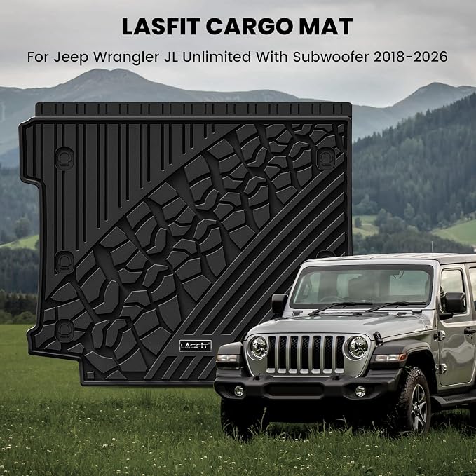 LASFIT Cargo Mat for Jeep Wrangler JL 2018-2026 4 Doors with SUBWOOFER | Not for JK/Not PHEV/Not 2-Door, All Weather, TPE, Custom Fit, Trunk Mat, for Flat Load Floor, Gas Type, Black - Image 3