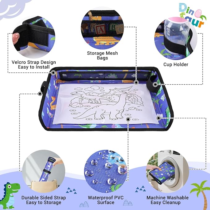 COOLBEBE Airplane Tray Table Cover, Foldable Travel Tray Cover | for Toddlers 1-3, Universal Fit for Airplane, Car Seat, High Chair, Machine Washable, Portable, Blue Dinosaur - Image 6