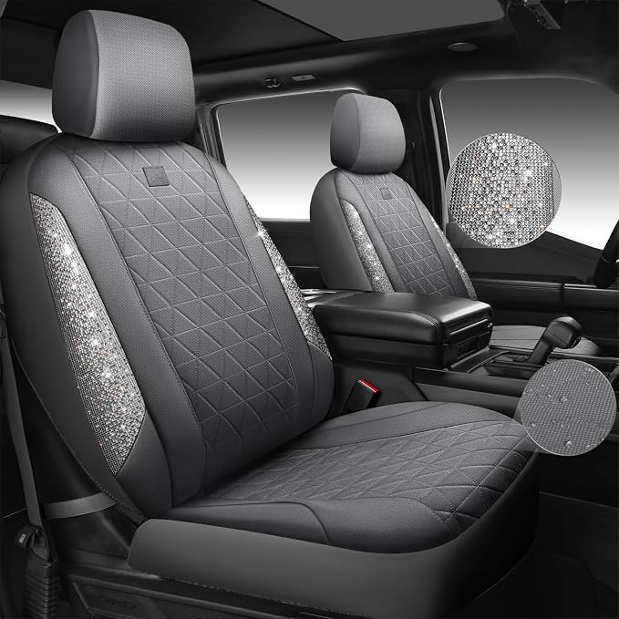 CAR PASS Gray Oxford Bling Diamond Car Seat Covers Full Set Interior Sets, Waterproof Shining Glitter Sparkly Crystal Universal Armrest Fit 95% Automotive Truck SUV Cute Women Girl, Gray Rhinestone - Image 2