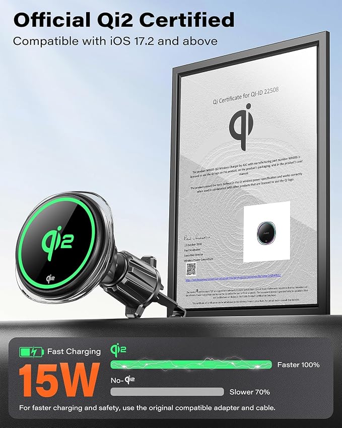 A2C Qi2 15W Wireless Car Charger CD Mount for MagSafe CD Slot | Air Vent | Magnetic Wireless Charger Phone Holder with TEC Thermoelectric Cooler, Fast Charging for iPhone 17 16 15 14 13 12 Series - Image 3