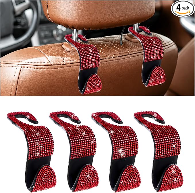 4 PCS Bling Car Seat Headrest Hooks, Rhinestone Vehicle Backseat Storage Hanger Backpack Hook, Sparkly Multi-Functional Headrest Purse Holder for Car Truck SUV RV (Red) by Unknown