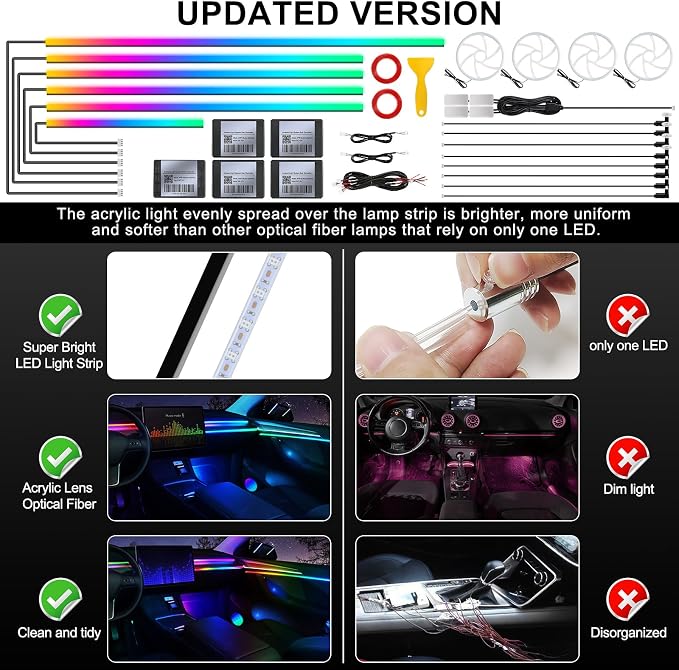 Dreamcolor Acrylic Interior Car LED Strip Light with Wireless APP, RGB 22 in 1 with 175 inches 600 LEDs Fiber Optic Ambient Lighting Kits, Dynamic Chasing Music Sync Neon LED Strip for Car Accessories - Image 5