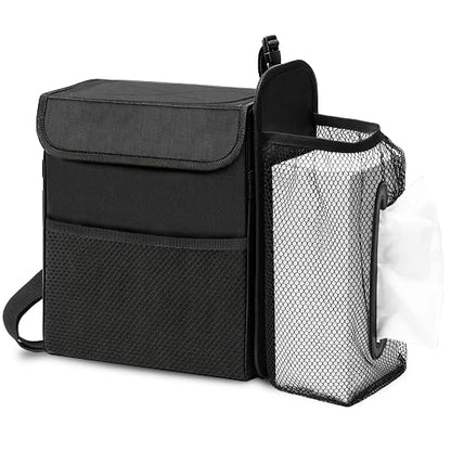 Ryhpez Car Trash Can with Tissue Holder Detachable, Leakproof, Black | Car Garbage Can with Removable Car Napkin Holder, Car Trash Bin with Lid for Headrest, Console, Truck, SUV Car Accessories by Ryhpez
