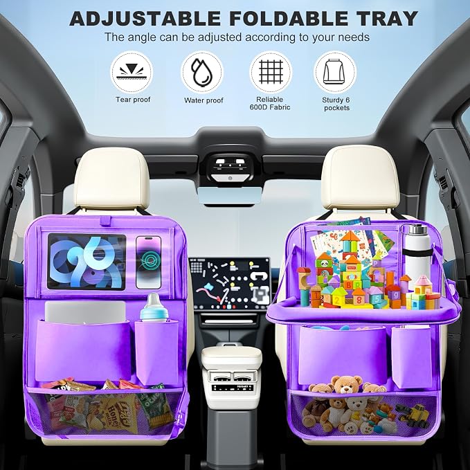 2Pack Car Backseat Organizer with Foldable Table Tray,6 Storage Pockets Car Storage Organizer with Tablet Holder,Car Seat Back Protectors Kick Mats Travel Accessories (Purple) - Image 2