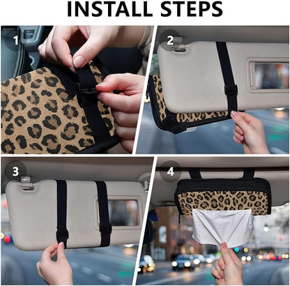 Car Tissue Holder Car Napkin Holder Box Dispenser Storage Case Sun Visor Mask Holder with Adjustable Straps Reusable Refillable Brown Leopard Print - Image 5