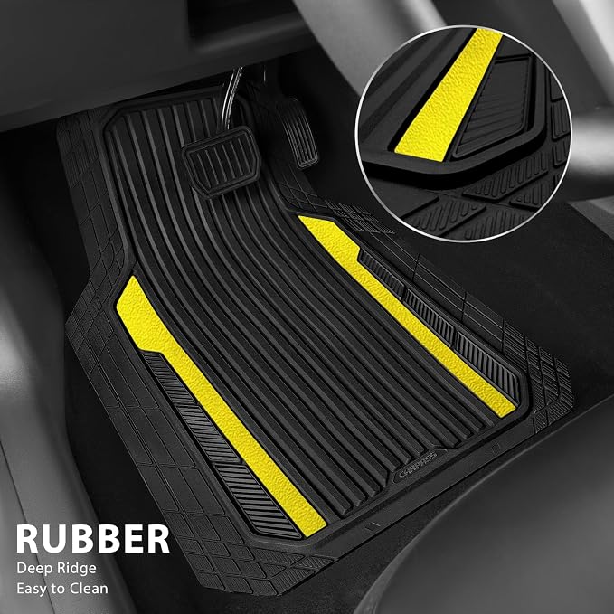 CAR PASS Yellow Car Mats Metallic, Aluminum Film All Weather Rubber Lemon Yellow car Floor Mats Waterproof Universal Trim to Fit SUV Sedan Van Truck 4 Piece Deep Dish Heavy Sporty Black Yellow Chrome - Image 2