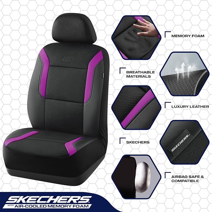 Skechers Memory Foam Car Seat Covers, Air Cool Mesh Thick Seat Covers,Car Seat Covers Front Seats,Airbag Compatible, Automotive Comfort Protection for Most Cars,Van,Trucks, SUVs,Purple - Image 3