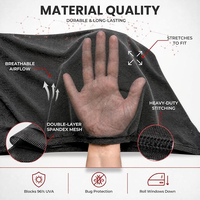 SM/RL Car Window Shades for Baby & Camping; 2-Pack/8 Sizes. Stretch-to-Fit Up to H:24" x W:39" Rear Windows. Blocks 96.25% UV Tested, Breathable Full-Coverage Mesh Bug Screens | Qualizzi® - Image 4