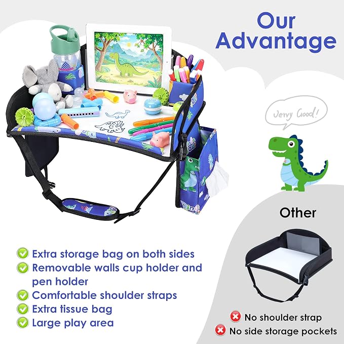 Kids Travel Tray for Toddler Car Seat, Road Trip Activities for Kid | Toddler Car Activities with No-Drop iPad Holder Stand, Roadtrip Essentials with Dry Erase Board & Cooler Cup Holder, 2PC - Image 7