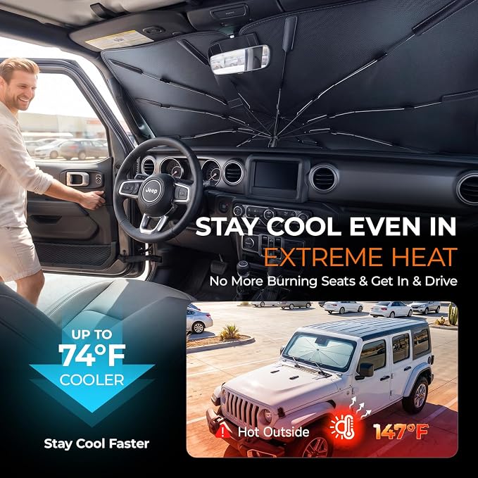 [2026 Upgraded] DooGooCoo Windshield Sun Shade Umbrella for Jeep Wrangler & Gladiator 2011-2026 [100% Sunlight Blocked, Cooling Ice Crystal] Sunshade for Car Windshield for Wrangler Sunshade. - Image 3