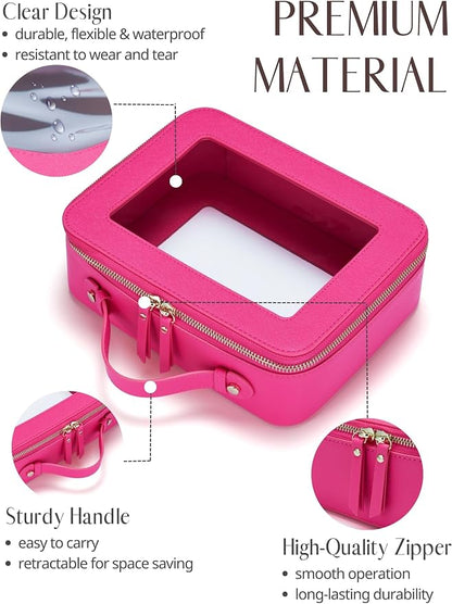 Clear Makeup Bag Travel Cosmetic Case Transparent Toiletry Bag with Zipper, Portable Make Up Organizer Traveling Compact Car Bag for Essentials, Hotpink, Large - Image 2