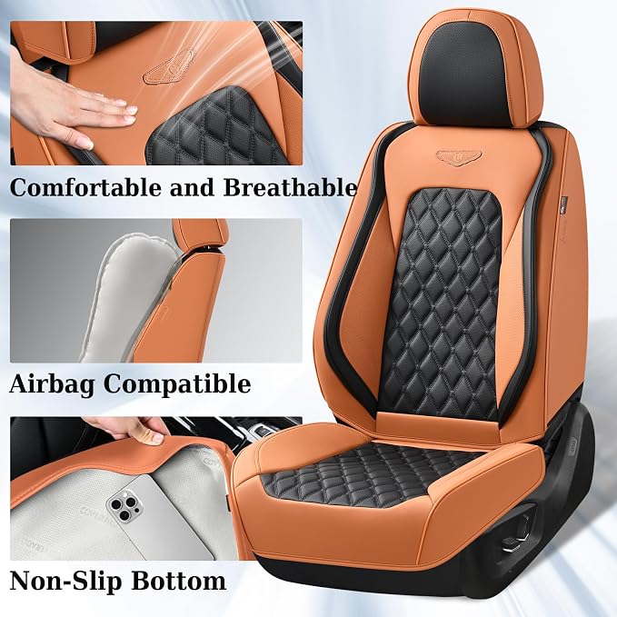 Coverado Car Seat Covers Front Seats, Vintage-Style Soft Waterproof Faux Leather Full Set with Rear Protectors, Comfortable Anti-Stain Interior for Most Vehicles – BrownBlack - Image 3