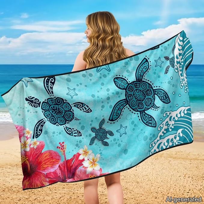 Sea Turtle Print Car Seat Towel Cover After Gym Hibiscus Plumeria Print Sweat Towels for Car Seats Quick-Dry Seat Shield for Truck Sedan SUV, Easy to Install - Image 3