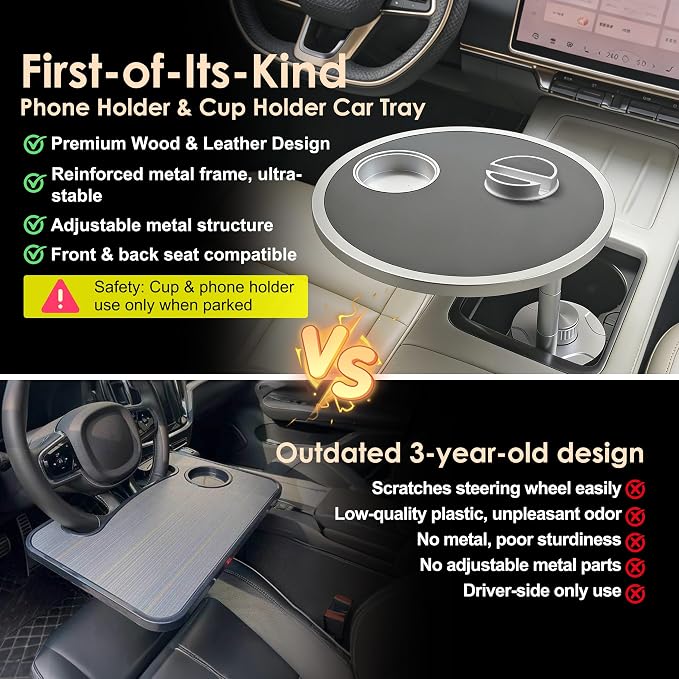 Car Desk for Laptop 360° Rotating Tesla Tray with Cup Holder Phone Stand | Adjustable Height Car Table Tray Car Accessories Compatible with Model 3/Y/S Ford Vehicles, Fits Round Cup Holder 2.28"-3.66" - Image 2