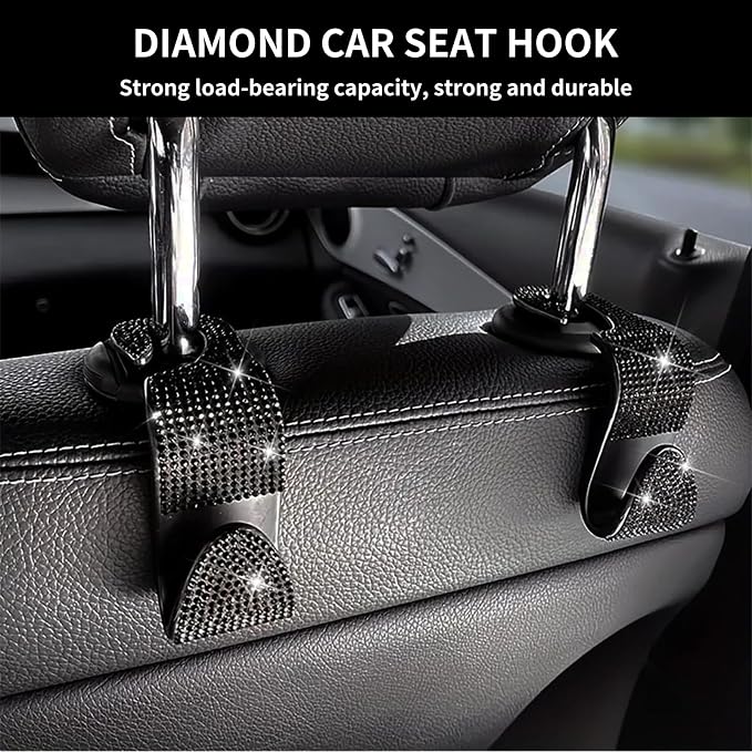 4PCS Bling Car Seat Headrest Hooks, Vehicle Back Seat Purse Handbag Hanging Holder with Crystal Rhinestone, Diamond Storage Organizer Hook,Bling Car Accessories for Women (Black) - Image 6