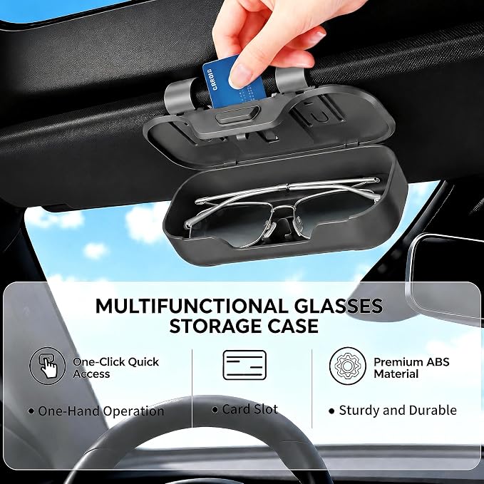 Car Sun Visor Sunglasses Holder,Gray ABS Eyeglasses Case | Card Storage,Soft Flocked Interior,Anti-Rattle Triangle Slot,Double Clips,Push Button Access,Scratch Protection,Universal Fit - Image 2