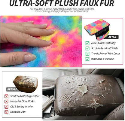 Plush Fuzzy Fur Car Armrest Cover with Side Pockets,Tie Dye | Fluffy Armrest Cushion Pad,Soft Center Console Cover,Car Interior Storage Accessories ,for Most Car Decoration Protector - Image 5
