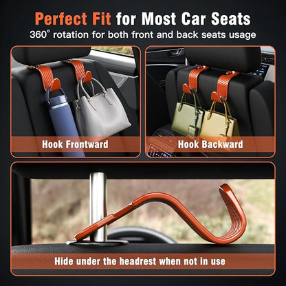 4-Pack Car Headrest Hooks Holds 55lbs Seat Storage Organizer for Bags | Durable ABS Material, 360° Rotating, Car Hanger for Backpack Umbrella Water Bottle Coat Handbags Groceries, Checkered Orange - Image 4