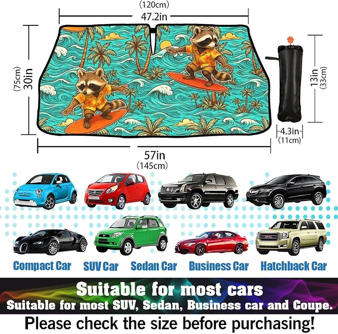 Hawaiian Raccoon Car Windshield Sun Shade Umbrella Bendable Handle Foldable Funny Sunshade for Car Windshield Block UV Rays Keep Vehicle Cool for Most Sedans SUV Trucks Cars 57"x30" - Image 6