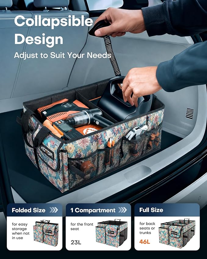 HOTOR Trunk Organizer - Foldable Car Organizer for SUVs & Sedans Storage | Sturdy Car Organization for Men & Women, Car Accessories Tools, Sundries, Blue Flower, 2 Compartments, 21.3" x 12.6" x 10.6" - Image 5