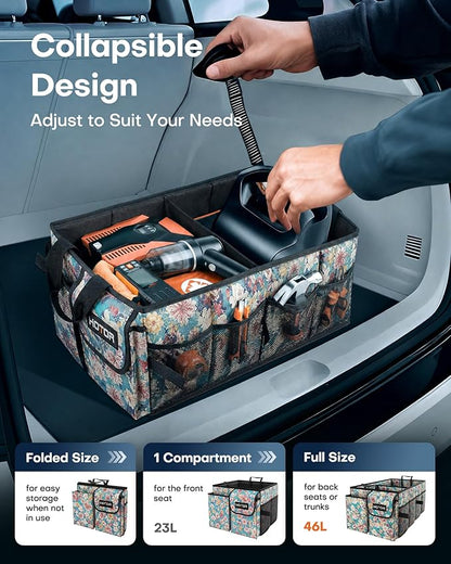 HOTOR Trunk Organizer - Foldable Car Organizer for SUVs & Sedans Storage | Sturdy Car Organization for Men & Women, Car Accessories Tools, Sundries, Blue Flower, 2 Compartments, 21.3" x 12.6" x 10.6" - Image 5