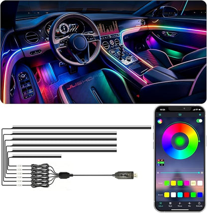Jushope Interior Car LED Strip Lights, USB Car Ambient Lighting (6 in 1) | Dynamic Dream-color Chasing Wireless APP Control Music Sync Flexible Acrylic LED Lights for Car by Jushope