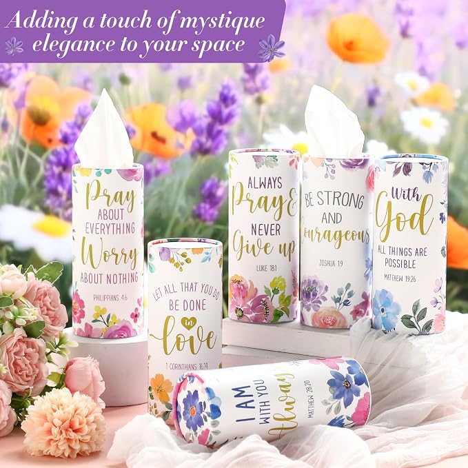 Outus 12 Pcs Floral Christian Car Tissues Cylinder Holder with 3 Ply Facial Tissue Bulk Inspirational Bible Verse Tissue Holder Flower Religious Travel Tissues Boxes Container for Car Cup Home Office - Image 5