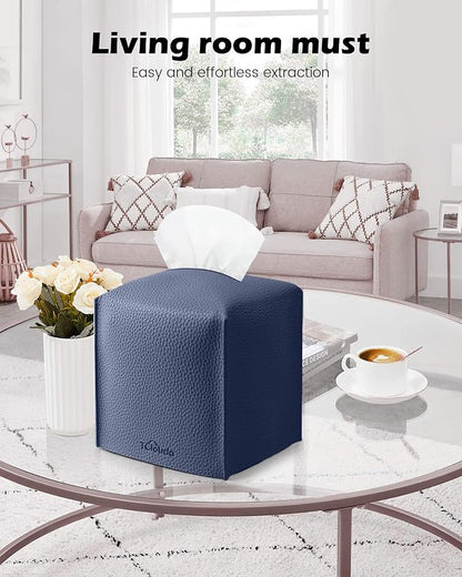 Tissue Box Cover for PU Leather, Modern Simple Solid Color Holder Square Tissue Bag, Ideal for Bathrooms,Office,Car,Outdoor Tent,Dining Table,5"X5"X5", Single Navy Blue - Image 3