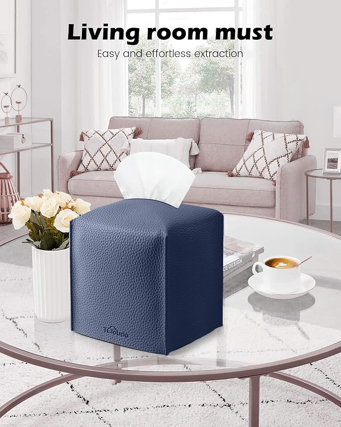Tissue Box Cover for PU Leather, Modern Simple Solid Color Holder Square Tissue Bag, Ideal for Bathrooms,Office,Car,Outdoor Tent,Dining Table,5"X5"X5", Double Navy Blue - Image 3