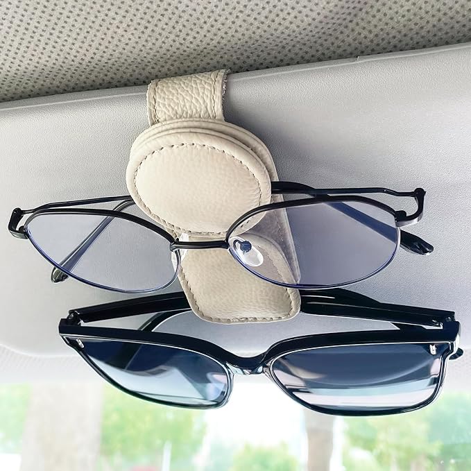 KIWEN Sunglasses Holder for Car Visor, Magnetic Leather Sunglass Eyeglass Hanger Clip for Car Sun Visor Accessories (1, Beige) - Image 2