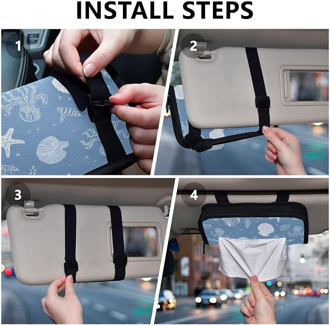 Car Tissue Holder Car Napkin Holder Car Tissue Box Dispenser Storage Case Sun Visor Mask Holder with Adjustable Straps Reusable Refillable Simple Seashells Starfish Blue - Image 5