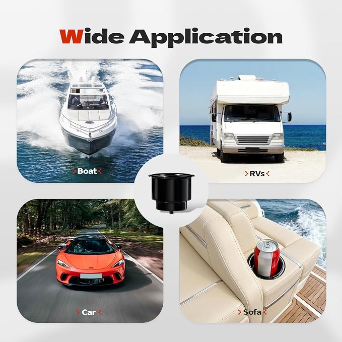 4 PCS Boat Cup Holder Insert, Marine Cup Holder for Boat, Boat Cup Holders Replacement with Drain for Pontoon Boats, Deck, Car, RV, Camper (Black) - Image 6