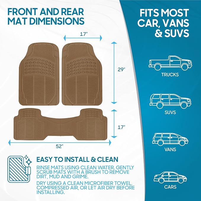 BDK ProLiner Car Floor Mats for Cars Trucks SUV, 3-Piece All-Weather Heavy Duty Rubber Liners with Universal Trimmable Fit, Durable Waterproof Vehicle Auto Floor Mats with Capture Ridges Biege - Image 6