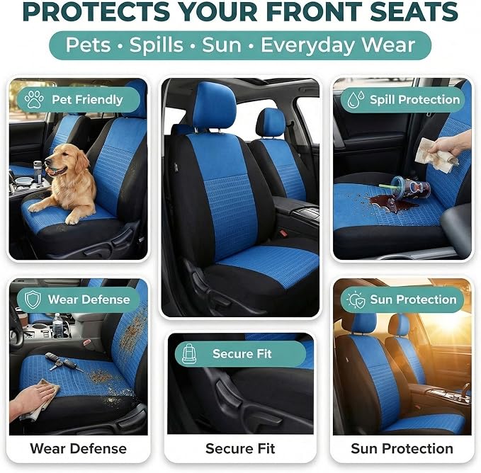 FH Group Universal Car Seat Covers Front Set for SUV Truck Sedan Vans | 3D Textured Breathable Fabric Seat Cover Set Protector with Airbag Compatible Interior Upgrade - Blue - Image 6