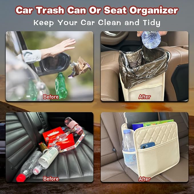 Witaxima Upgrade Car Seat Organizer Backseat with Storage Pockets, Multipurpose Car Organizer Hanging, Car Trash Bag Can,Premium PU Leather Garbage Can 2.14 Gallon Large Capacity Accessories Beige - Image 4