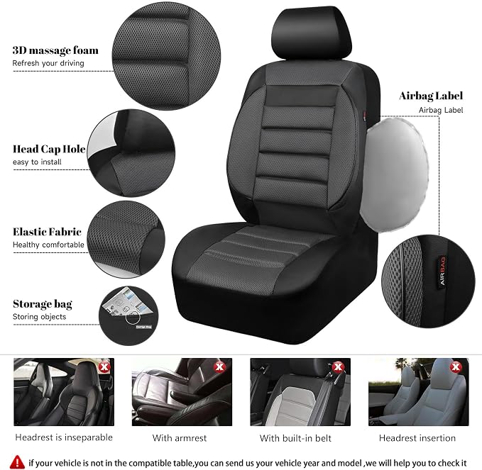 CAR PASS Leather 3D Foam Back Support Car Seat Covers Full Set Air Mesh Automotive Seat Covers, All Season Car Seat Cover Fit Automotive,SUV,Sedan,Van, Airbag Compatible Elegance (Black Charcoal Gray) - Image 4