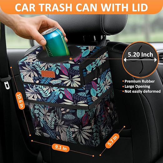 Vankor Car Trash Can with Lid Leak Proof Car Accessories for Women | 2.2 Gallon Cute Hanging Car Trash Bin for Men Car Truck Vehicle Sedan SUV Interior Automotive Garbage Cans, Leaves - Image 2