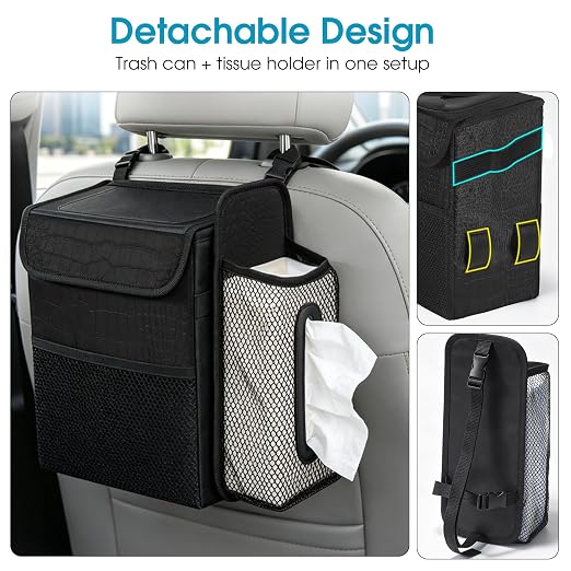 Ryhpez Hanging Car Trash Can with Tissue Holder Detachable, Leakproof | Car Garbage Can with Removable Car Napkin Holder, Car Trash Bin with Lid for Headrest, Console, Truck, SUV, Crocodile Pattern - Image 5