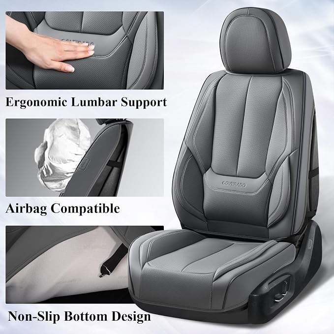 Coverado Front Seat Covers, Waterproof Nappa Leather Car Seat Cover, Sideless Car Seat Covers Front Seats, Driver Seat Cover, Car Seat Protector Universal Fit for Most Sedans SUV Truck, Grey - Image 3