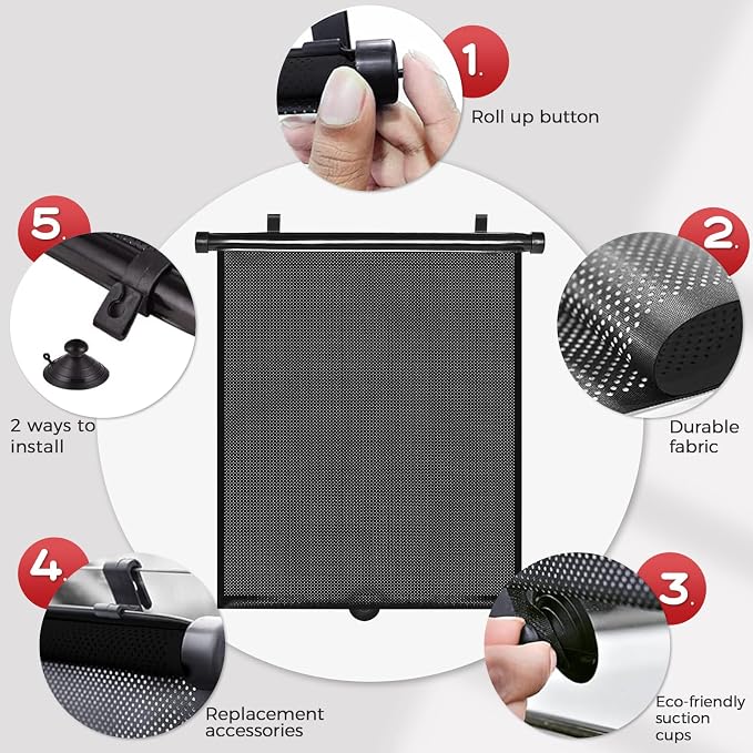 Car Side Window Shades, 2 Pack Retractable Roller Sun Shades, 16 x 18 in | UV and Sun Glare Reduction, Suction and Hook Installation, Easy Roll-Up Storage, Baby Car Window Shades for Travel - Image 4