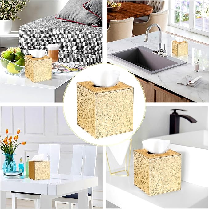 Sumnacon Square Leather Tissue Box Cover - Stylish Cube Tissue Box Holder with Magnetic Bottom, Decorative PU Tissue Box for Vanity Dresser Night Stand Table Countertop Home Office Car, Gold | Stylish Cube Tissue Box Decorative Tissue Covers for Vanity... - Image 6