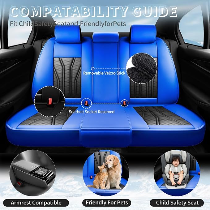 Fit Venza Premium Leather Car Seat Covers for Toyota Venza 2009-2025 2026 - Waterproof，Breathable，All-Weather Seat Cushion Protecto & Airbag Compatible, Full Set Blue&Black - Image 3