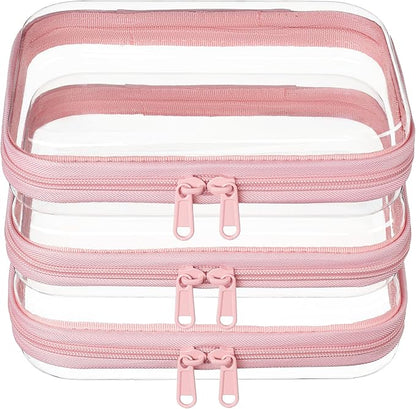 3-PCS Medium Clear Hard Shell Zipper Pouches, Clear Zipper Bags (3M, Pink) | Hard Case Pouches for Purse & Diaper Bag Organizer, Travel Essentials, Clear Storage Bags, and Travel Zipper Container by WELPIRT