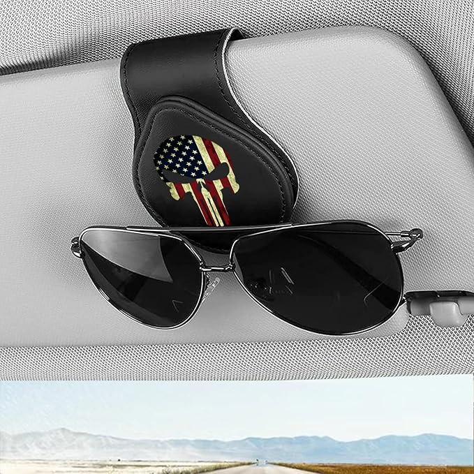 Sunglasses Holder for Car Leather Glasses Frame American Flag Skull | Eyeglass Hanger Card Clip for Car Sun Visor,Sunglasses Holder for Universal Car Visor(American Flag Skull A) by Unknown