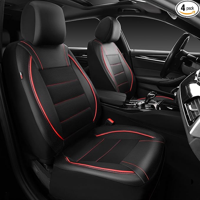 CAR PASS Universal FIT Piping Leather Two Front Seat Covers, Waterproof Faux Leather for SUV Sedan Van Truck, Airbag Compatible,Reserved Opening Holes for Headrest Covers. (Black red) by CARPASS