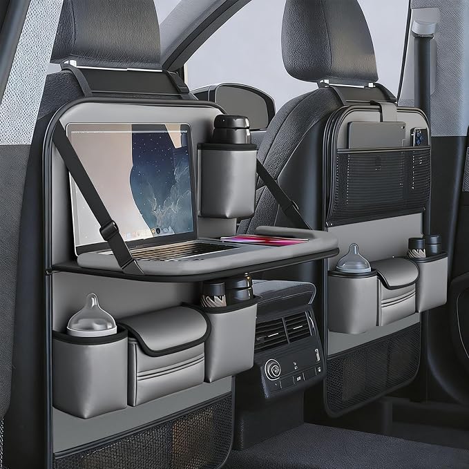 Waterproof PU Leather Car Seat Back Organizer with Foldable Tray Table, Backseat Organizer with Tablet Holder, Cup Holder, Tissue Holder and Kick Mat for SUV Sedan Minivan, Gray - Image 2